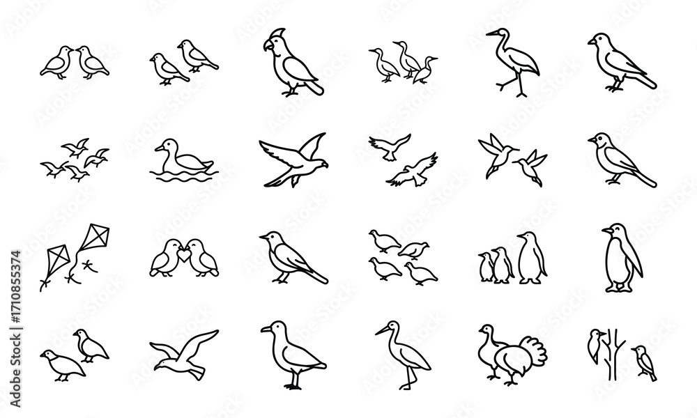 Fototapeta premium Bird Silhouette Icon Set in Minimal Line Art Style on White Background – Vector Collection of Flying Birds, Penguins, Parrots, Ducks, and Songbirds for Nature and Wildlife Design