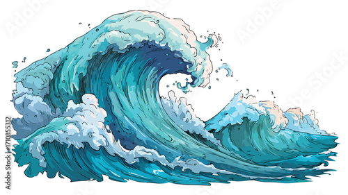 Colorful Cartoon Illustration of Large Wave on White Background