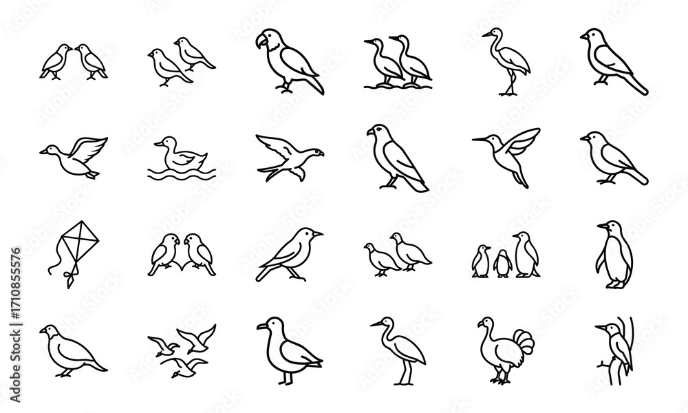 Fototapeta premium Bird Silhouette Icon Set in Minimal Line Art Style on White Background – Vector Collection of Flying Birds, Penguins, Parrots, Ducks, and Songbirds for Nature and Wildlife Design