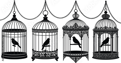 Vintage bird cage silhouette collection with decorative cages, ornamental chains, pet birds, antique style, vector illustration design element