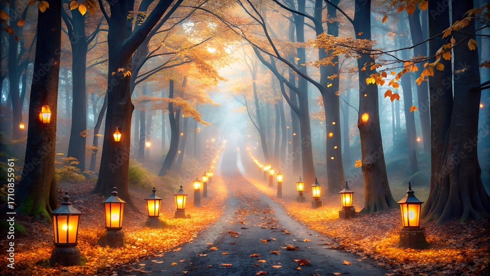 Fototapeta premium Magical Autumn Forest Path Illuminated by Lanterns.