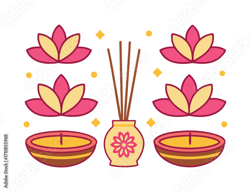 Diwali festival illustration with lotus flowers candles and incense sticks on white