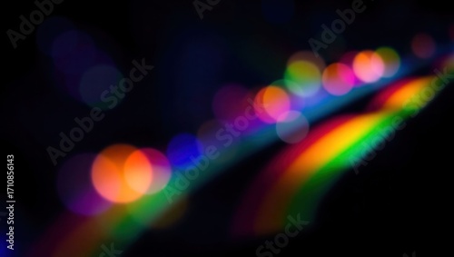 Blurred rainbow refraction overlay effect. Light lens prism effect on black background. Holographic reflection, crystal flare leak shadow overlay. Colorful rainbow disco ball light