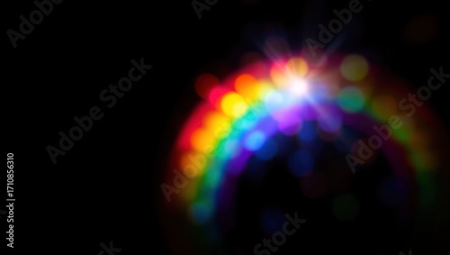 Blurred rainbow refraction overlay effect. Light lens prism effect on black background. Holographic reflection, crystal flare leak shadow overlay. Colorful rainbow disco ball light