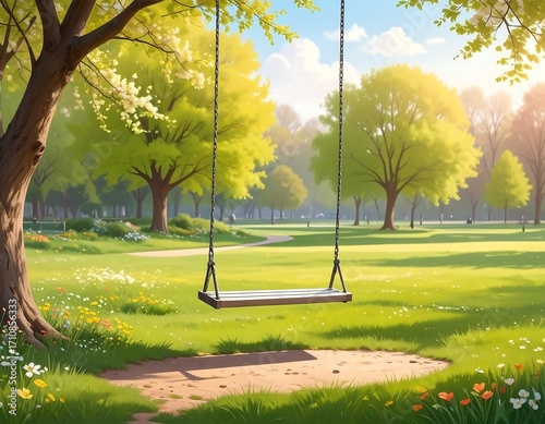 Fototapeta Naklejka Na Ścianę i Meble -  Tranquil park scene with swing under sunlit trees