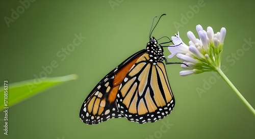 Yellow, Black, and Orange Butterfly Perched on a Bud with Soft Green Background