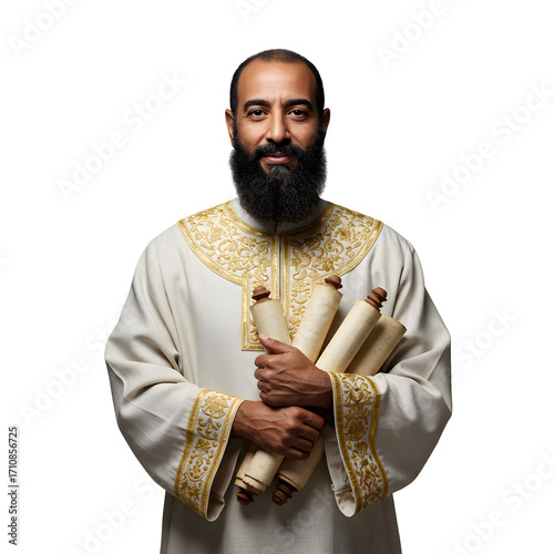 An Egyptian old man with a beard in a robe holds scrolls on white or transparent background