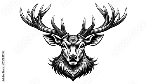 Intricate black and white illustration of a deer head, showcasing detailed antlers and facial features.