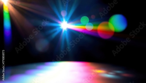 Blurred rainbow refraction overlay effect. Light lens prism effect on black background. Holographic reflection, crystal flare leak shadow overlay. Colorful rainbow disco ball light