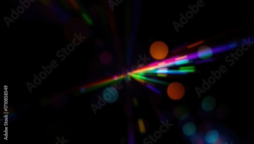 Blurred rainbow refraction overlay effect. Light lens prism effect on black background. Holographic reflection, crystal flare leak shadow overlay. Colorful rainbow disco ball light