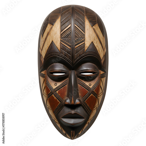 Dark wooden African tribal mask featuring geometric patterns and stylized facial features on white or transparent background