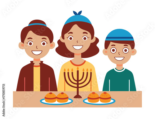 Happy Hanukkah family celebration with menorah and sufganiyot illustration design