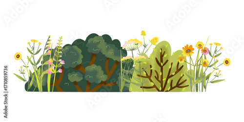 Wild cartoon bush and wildflowers, spring bunch and summer bush with groove floral style, colorful seasonal blossom illustration for decoration