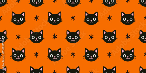 Vector seamless pattern with playful black cat faces and star on bright orange background. Spooky and cute halloween background for festive design. Witchcraft print and wrapping design.