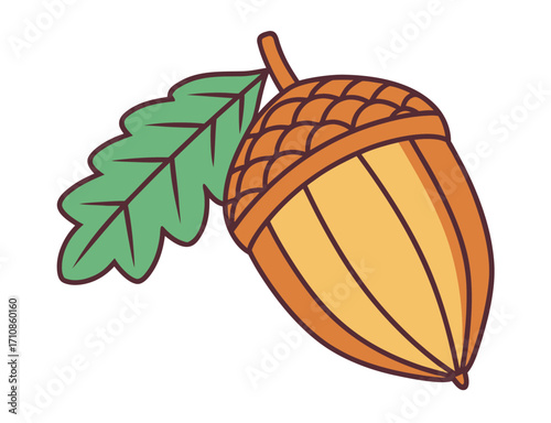 Isolated cartoon acorn with green leaf perfect for autumn designs
