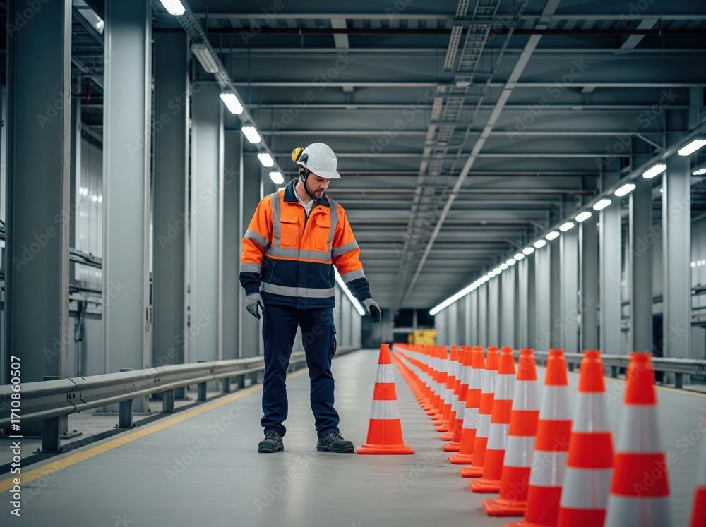 Obraz premium Safety worker observes traffic cone setup in corridor ensuring safe movement and hazard management