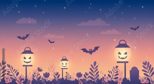Bat Lantern Garden Cartoon Halloween Background – Cute Spooky Pastel Night