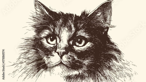 Hand Drawn Cute Cat Portrait Ink Sketch Engraving