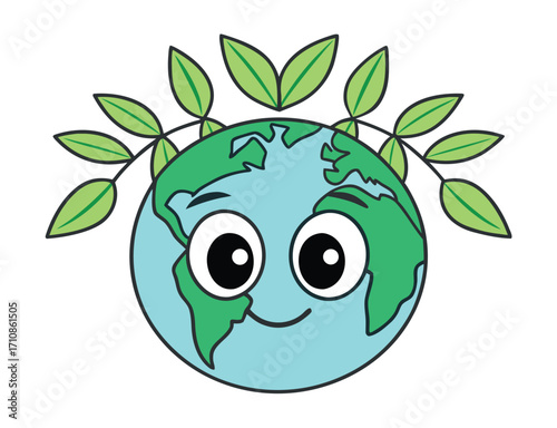 Cute cartoon Earth with leaves illustration for environmental awareness and protection