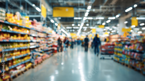 Wallpaper Mural Modern supermarket interior with bright aisles filled with colorful products and blurred shopping customers moving Torontodigital.ca