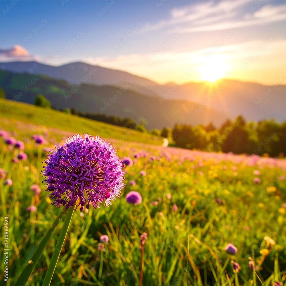 Obraz premium Lush mountain meadow at sunrise (1)