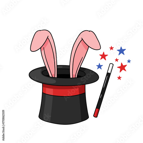 Magic Hat with Rabbit Ears and Wand Vector Illustration
