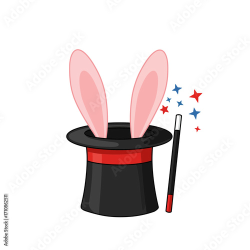 Magic Hat with Rabbit Ears and Wand Vector Illustration
