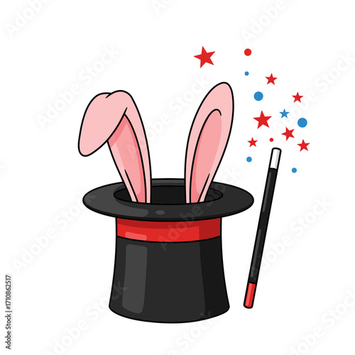 Magic Hat with Rabbit Ears and Wand Vector Illustration