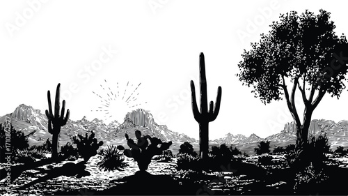 Arid Desert Landscape Silhouette with Cactus and Bushes for Adobe Stock Photos