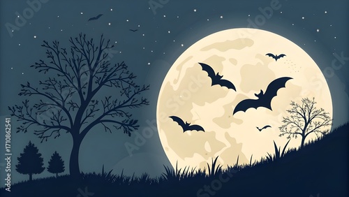 Vector Silhouette of Bats Flying Across a Giant Full Harvest Moon, Night Sky Background