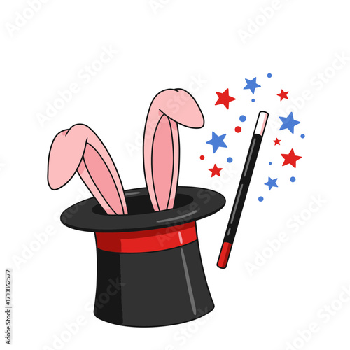 Magic Hat with Rabbit Ears and Wand Vector Illustration