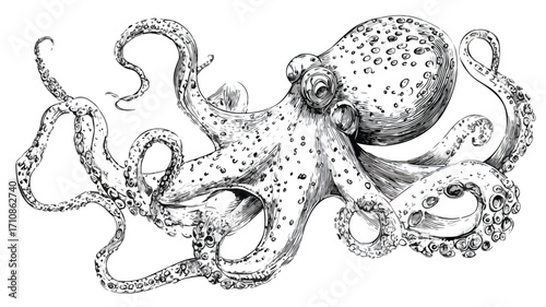 Detailed Hand Drawn Cartoon Octopus Character Illustration