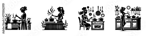 Modern Minimalist Woman Cooking Icon, Flat Silhouette of a Chef Figure Vector for Kitchen Illustration Design