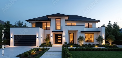 Luxury modern house at twilight. White exterior features large windows, geometric shapes, and integrated garage. Beautifully lit landscaping surrounds the residence.