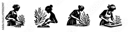 Modern Minimalist Woman Cutting Herbs Icon, Flat Silhouette of a Half-Body Female Figure Vector for Culinary Illustration Design