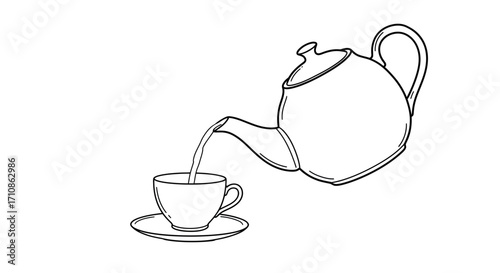One Line Drawing Teapot Pouring Tea into Cup Vector Illustration