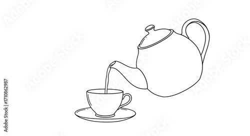 One Line Drawing Teapot Pouring Tea into Cup Vector Illustration