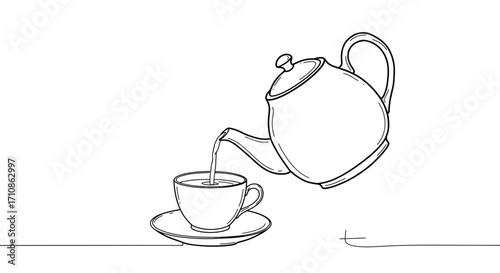 One Line Drawing Teapot Pouring Tea into Cup Vector Illustration