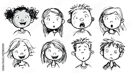 Diverse Children Expressions Doodle Illustration