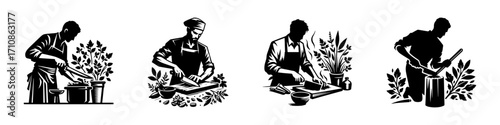 Modern Minimalist Men Chopping Herbs Icon, Flat Silhouette of a Kitchen Cooking Vector for Fresh Food Illustration Design