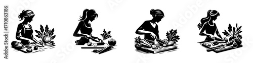 Modern Minimalist Woman Cutting Vegetables Icon, Flat Silhouette of a Half-Body Female Figure Vector for Cooking Illustration Design