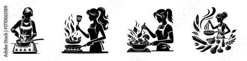 Modern Minimalist Woman Frying Vegetables Icon, Flat Silhouette of a Cooking Figure Vector for Kitchen Illustration Design
