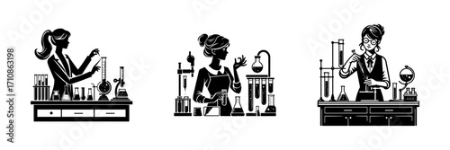 Modern Minimalist Woman Teaching Science Icon, Flat Silhouette of a Half-Body Figure Vector for Education Illustration Design