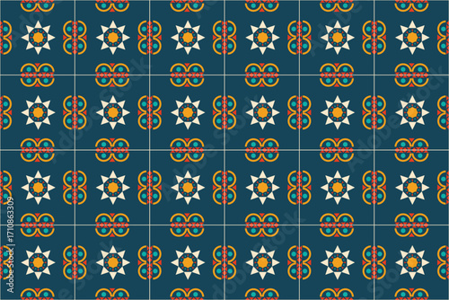 Colorful geometric pattern with stylized flowers and ornate shapes on a deep blue background for vibrant design