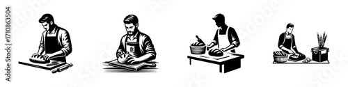 Modern Minimalist Men Baking Bread Icon, Flat Silhouette of a Kitchen Cooking Vector for Bakery Illustration Design