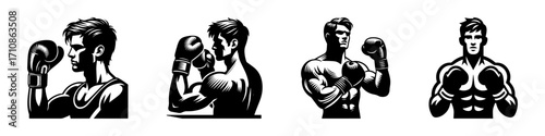 Modern Minimalist Man Wearing Boxing Gloves Icon, Flat Silhouette of a Half-Body Figure Vector for Sports Illustration Design