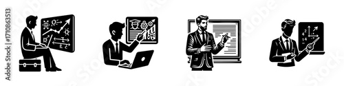 Modern Minimalist Men Explaining Lesson Icon, Flat Silhouette of an Educational Scene Vector for Classroom Illustration Design