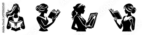Modern Minimalist Woman Holding Open Book Icon, Flat Silhouette of a Student Figure Vector for Education Illustration Design