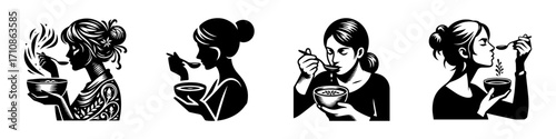 Modern Minimalist Woman Tasting Soup Icon, Flat Silhouette of a Cooking Figure Vector for Kitchen Illustration Design