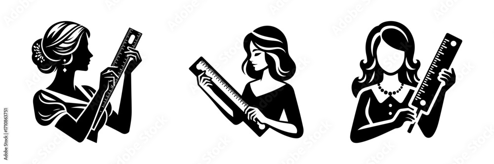 Obraz premium Modern Minimalist Woman Holding Ruler Icon, Flat Silhouette of a Half-Body Figure Vector for Education Illustration Design